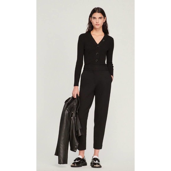 Sandro Black Ribbed Button Front Gabrielle Knit Cardigan - Picture 2 of 12